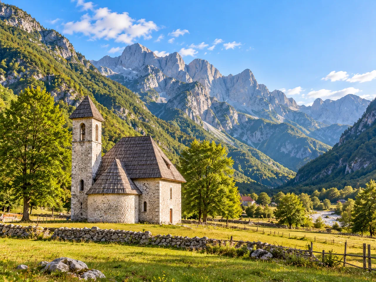 Illustration of Theth Church and Theth Valley beneath the Albanian Alps
