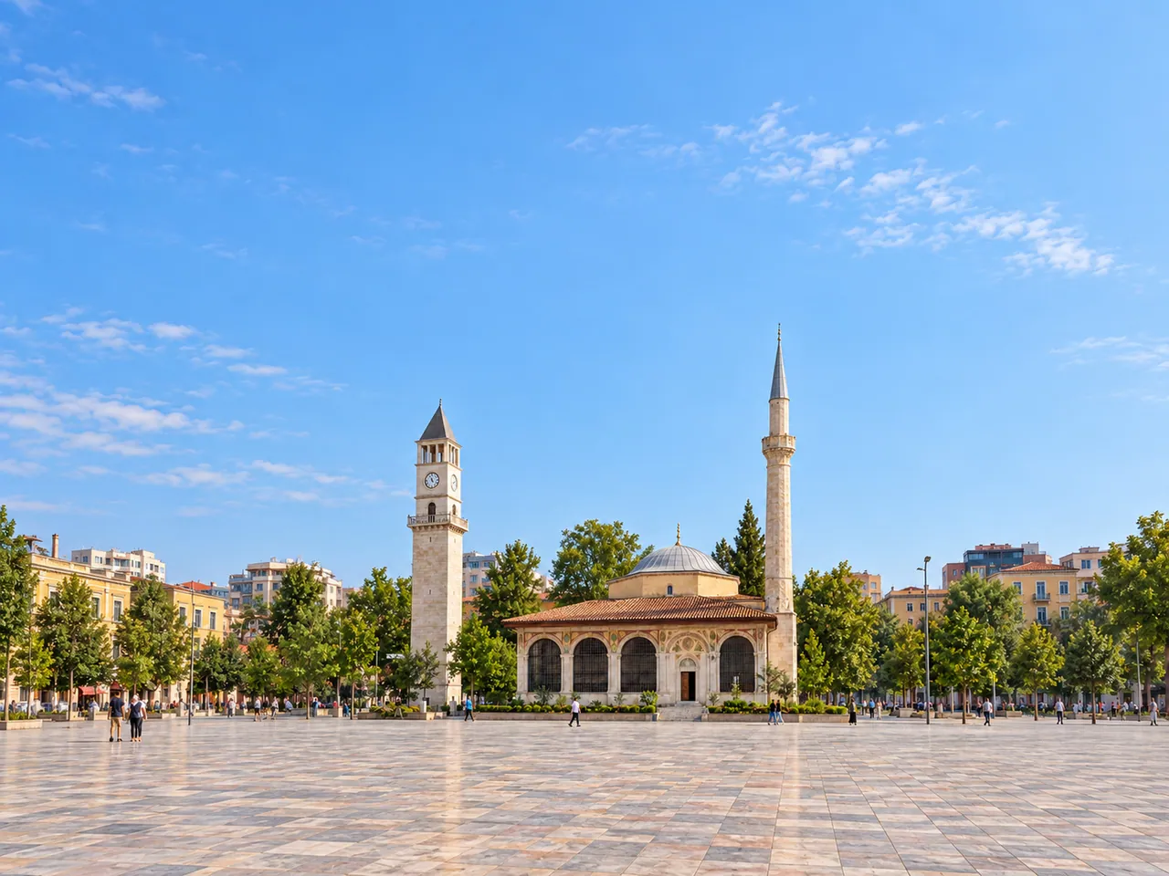 Illustration of Et'hem Bey Mosque and the Clock Tower beside Skanderbeg Square in Tirana