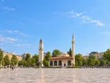 Illustration of Et'hem Bey Mosque and the Clock Tower beside Skanderbeg Square in Tirana