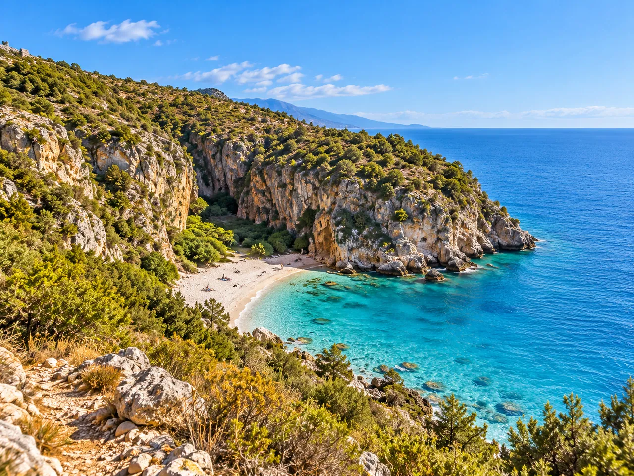 Illustration of Gjipe Beach from the elevated approach trail, where Gjipe Canyon meets the Ionian Sea