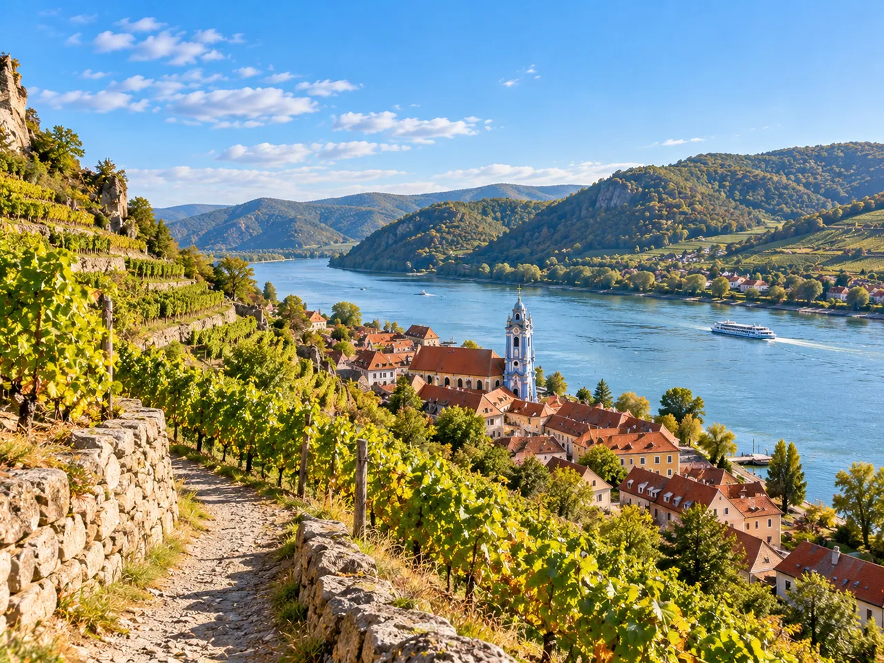 Illustration of Vineyard path above Dürnstein in the Wachau with the Danube bend