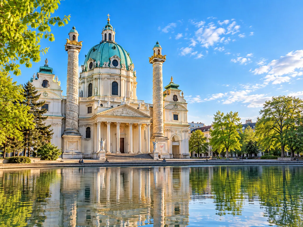 Illustration of Karlskirche across its reflecting pool in Resselpark