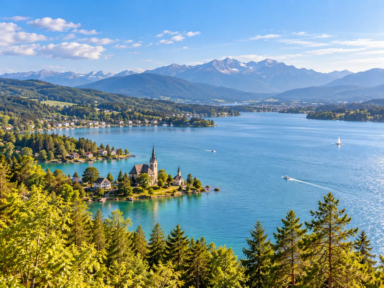 Illustration of Wörthersee toward the Maria Wörth peninsula and Karawanks from a Pyramidenkogel-style outlook