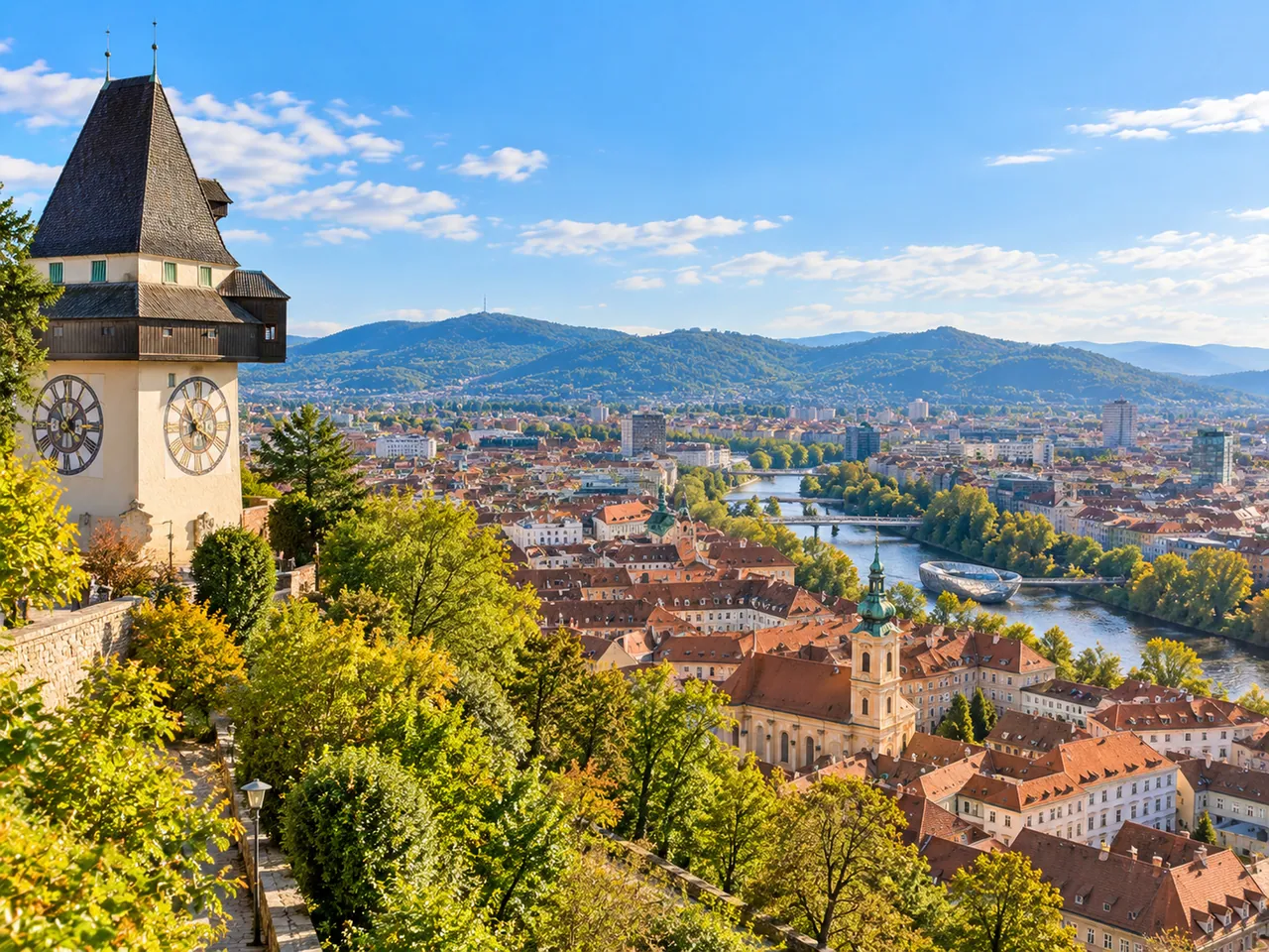 Illustration of Graz from Schlossberg beside the Uhrturm toward the Mur valley
