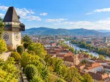 Illustration of Graz from Schlossberg beside the Uhrturm toward the Mur valley