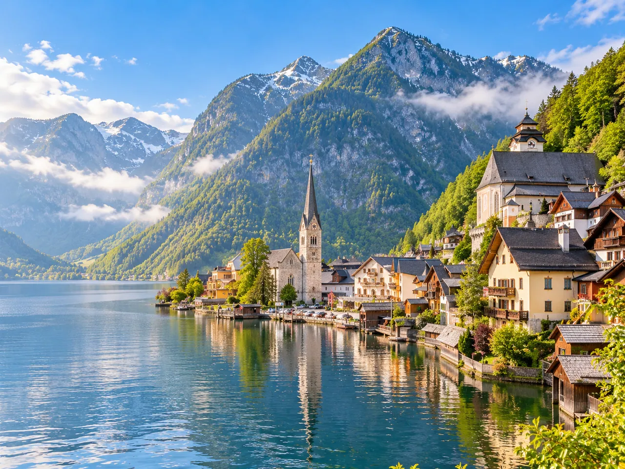 Illustration of Hallstatt and Hallstätter See from the classic north-of-village lakeside outlook