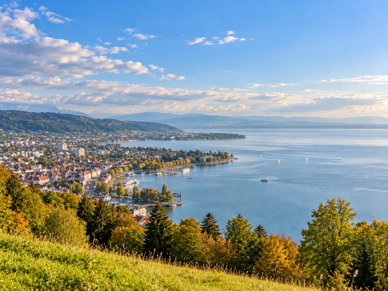 Illustration of Pfänder summit above Bregenz looking across the shoreline and Lake Constance