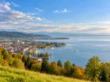 Illustration of Pfänder summit above Bregenz looking across the shoreline and Lake Constance