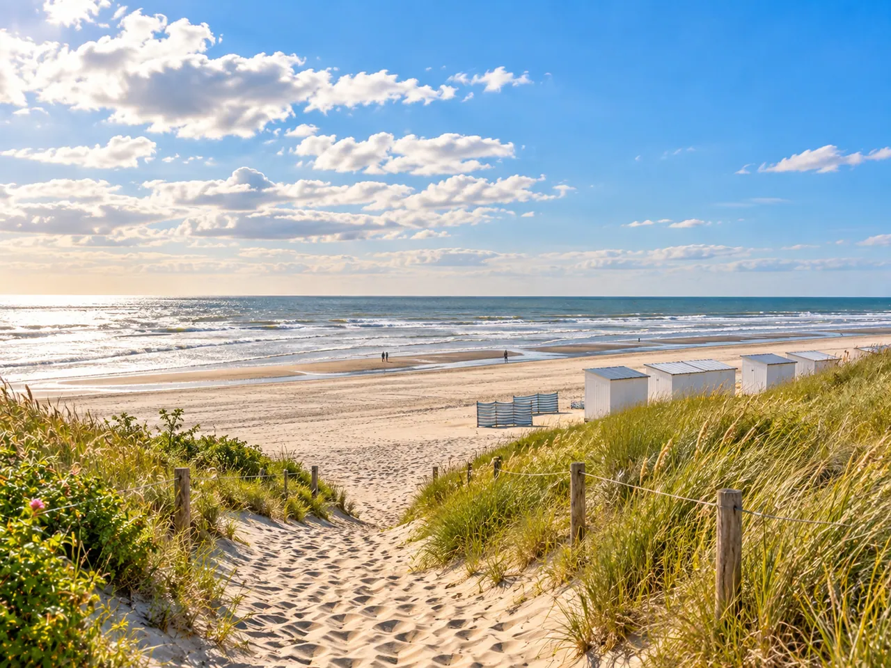 Illustration of De Haan beach from the dunes with bathing cabins and the North Sea