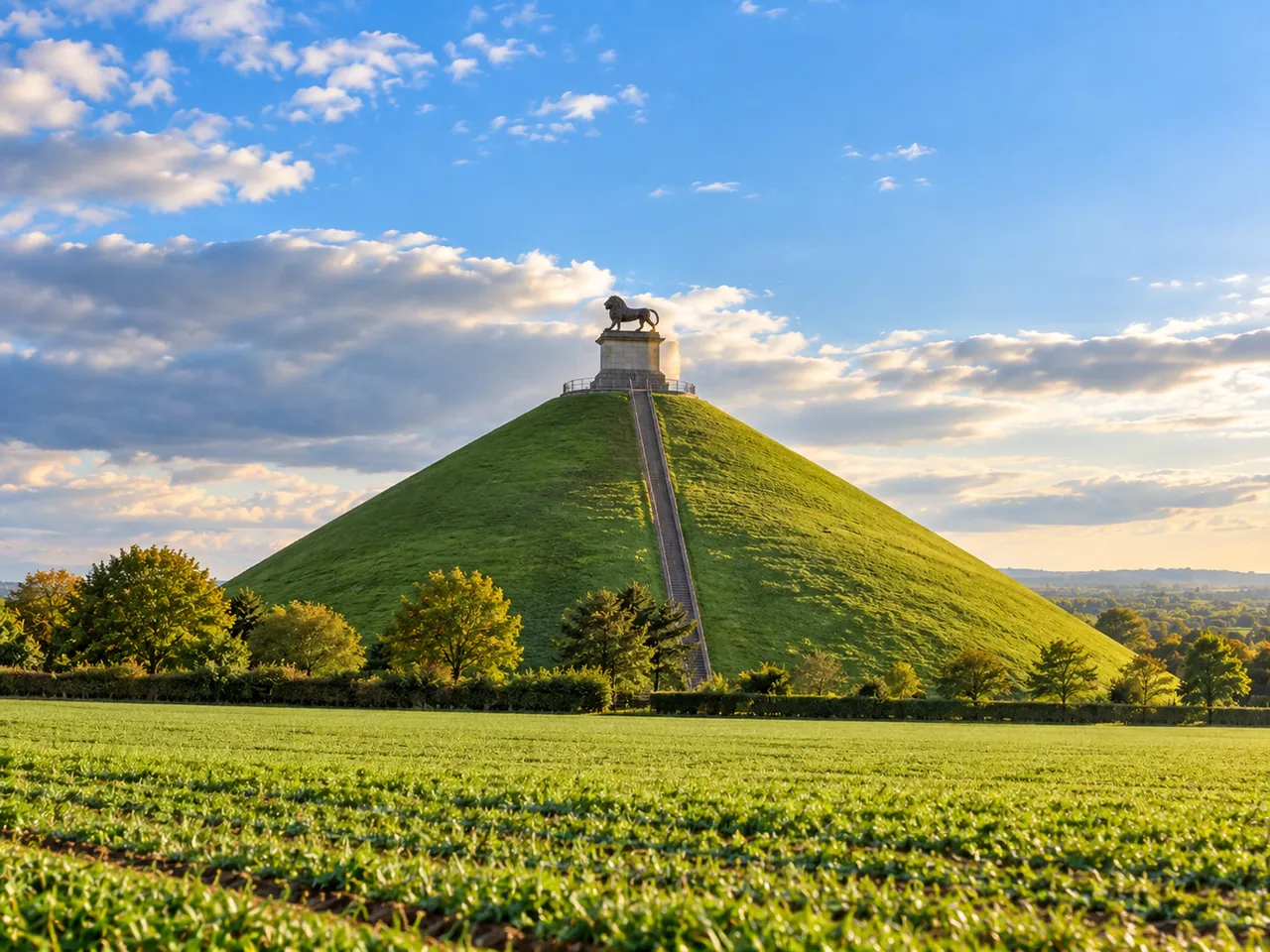 Illustration of The Lion's Mound at Waterloo from the lower battlefield