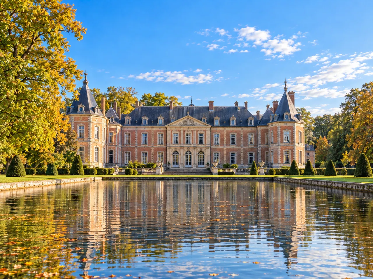 Illustration of Château de Beloeil across its long reflecting basin