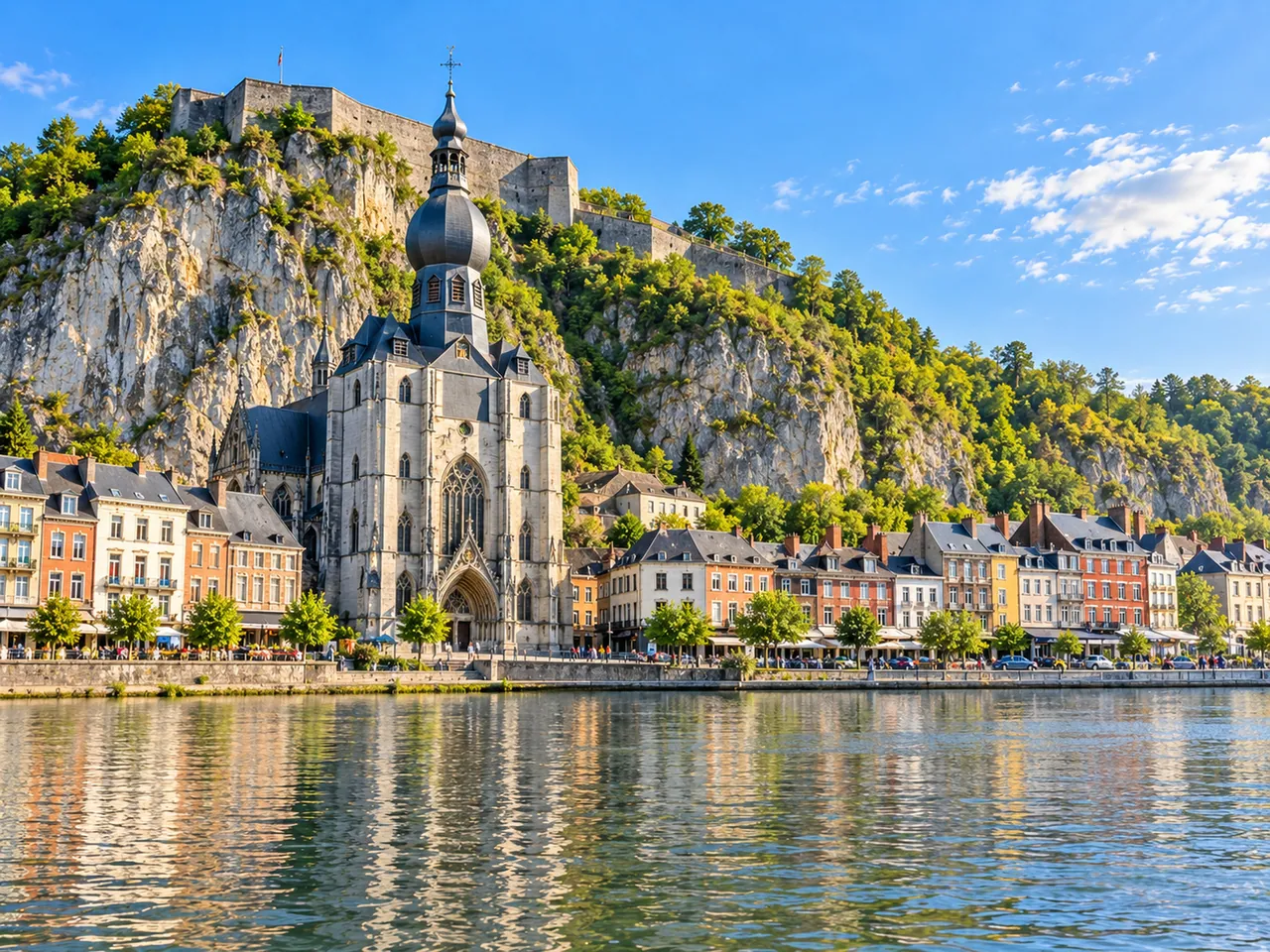Illustration of Dinant from across the Meuse toward the Collegiate Church and citadel