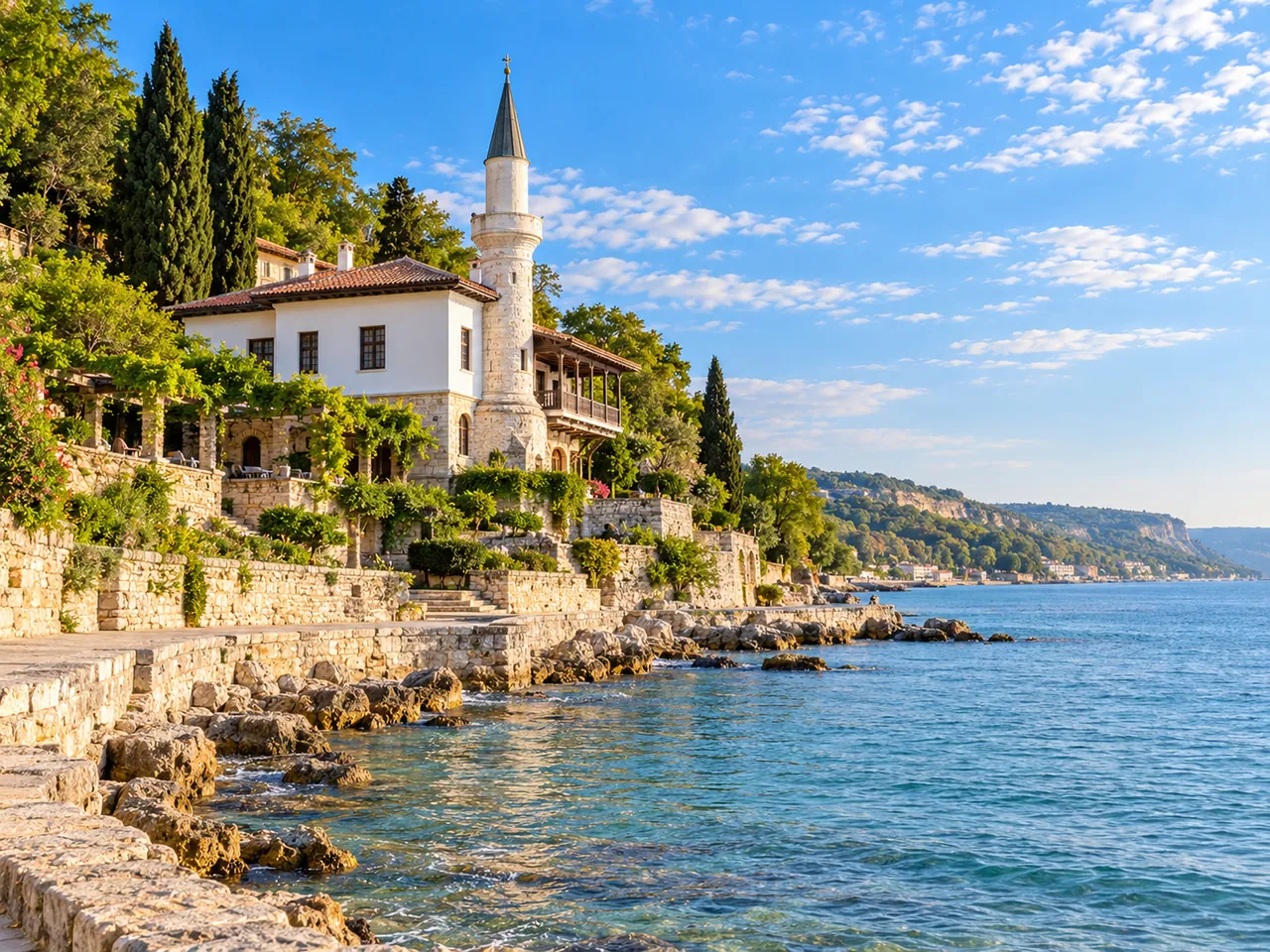 Illustration of Queen Marie's Quiet Nest Palace from the Balchik seaside promenade