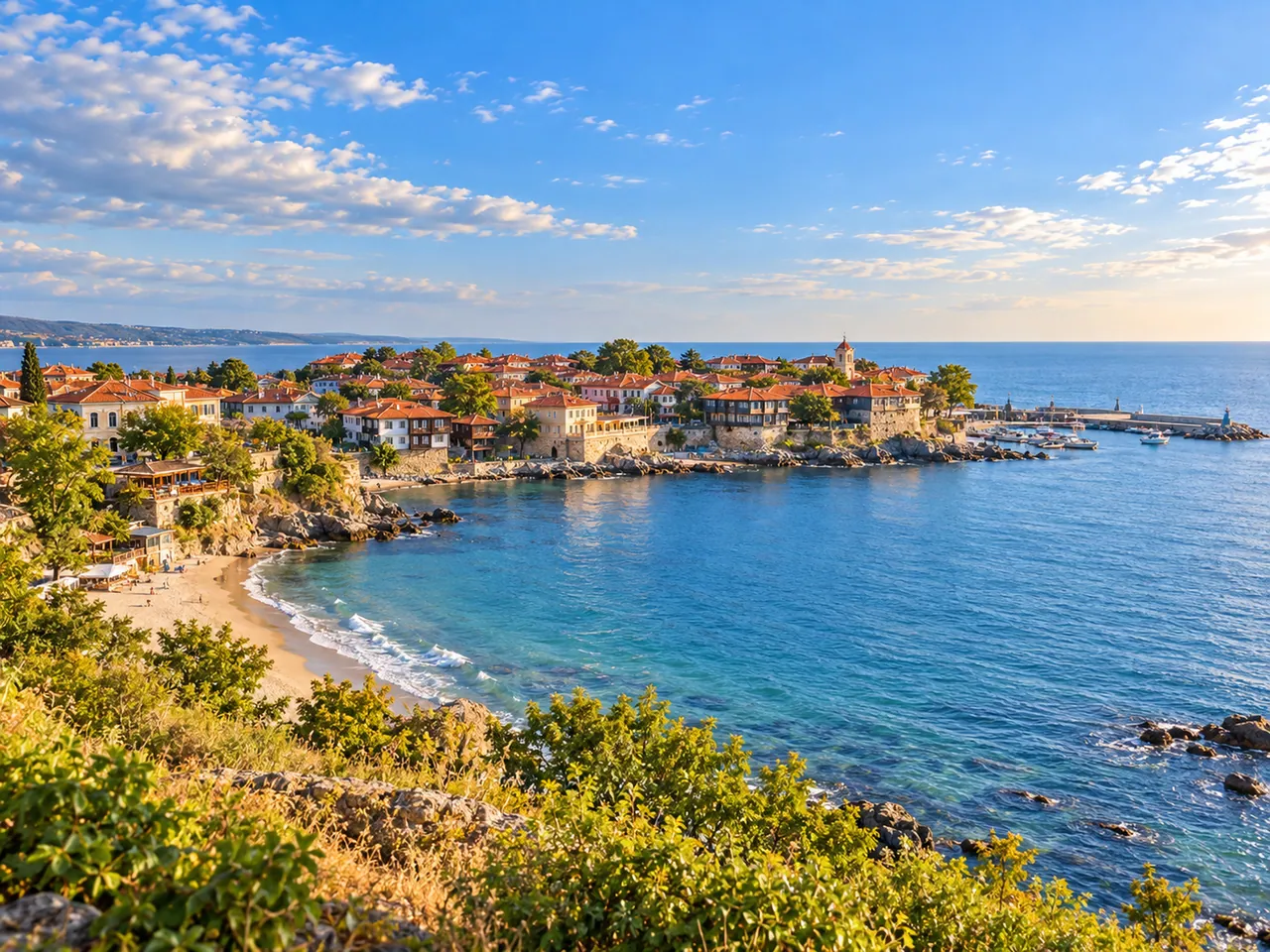 Illustration of Old Sozopol across Central Beach from the New Town