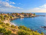 Illustration of Old Sozopol across Central Beach from the New Town