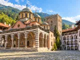 Illustration of Rila Monastery courtyard toward the Church of the Nativity and Hrelyo Tower