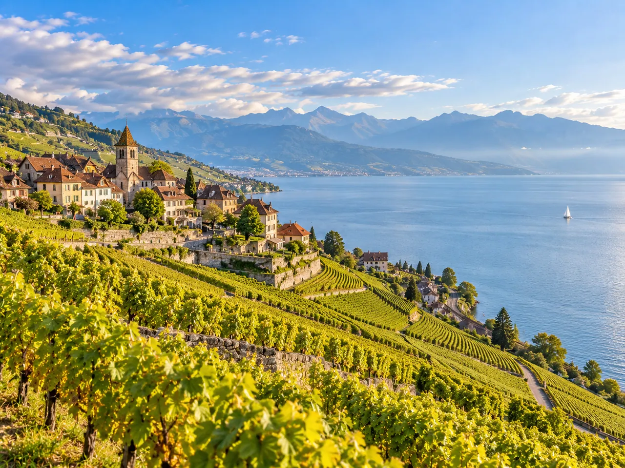 Illustration of Lavaux vineyard terraces near Rivaz overlooking Lake Geneva