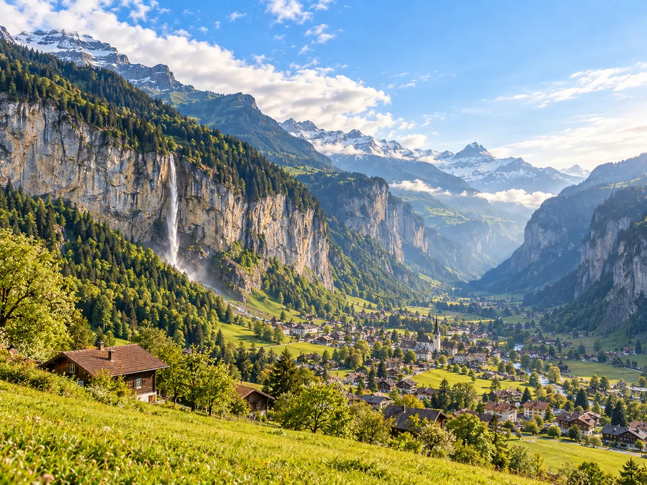 Illustration of Lauterbrunnen Valley and Staubbach Falls from an elevated Wengen meadow