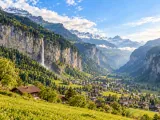 Illustration of Lauterbrunnen Valley and Staubbach Falls from an elevated Wengen meadow