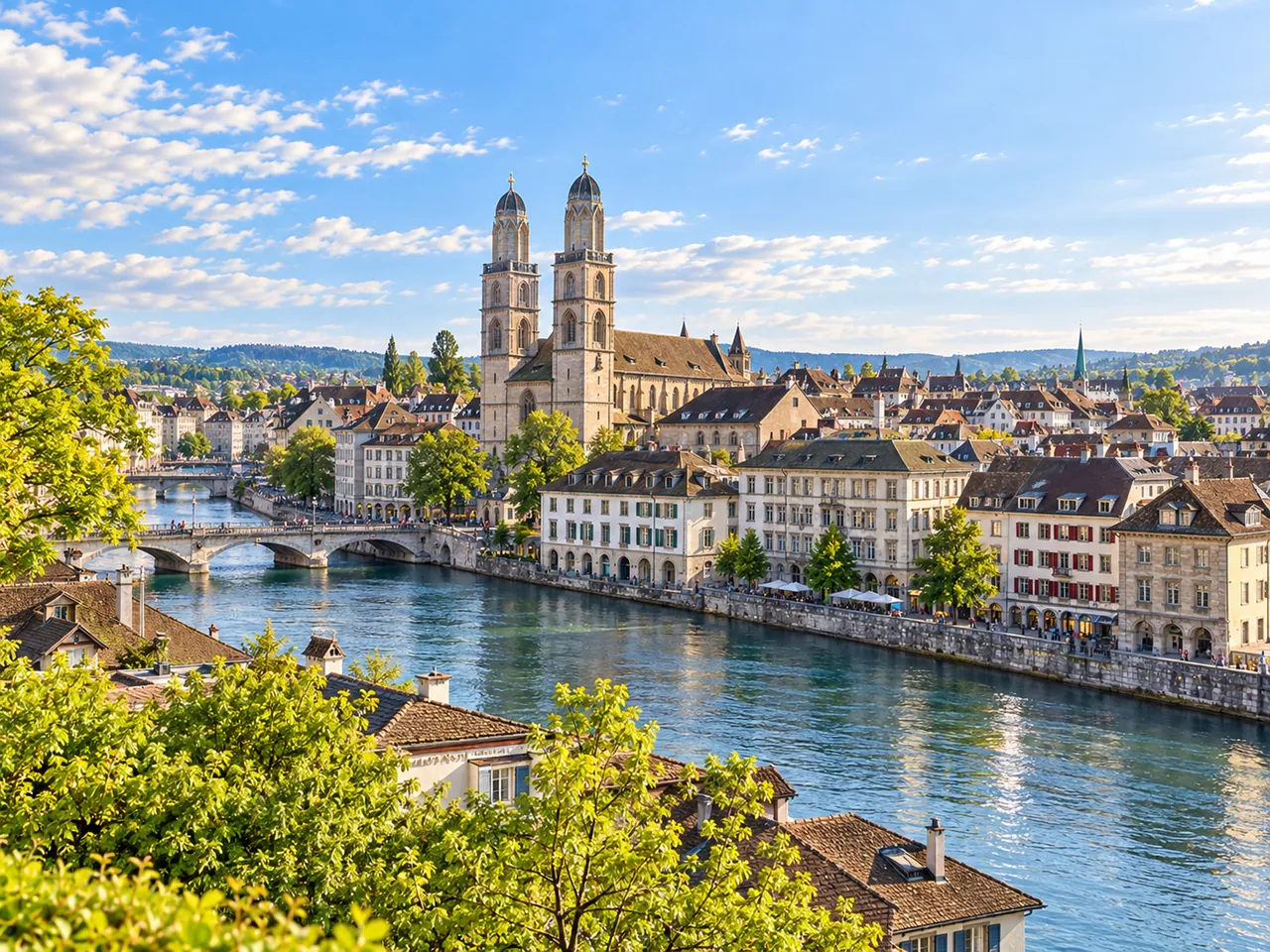 Illustration of Grossmünster and Zürich old town across the Limmat from Lindenhof
