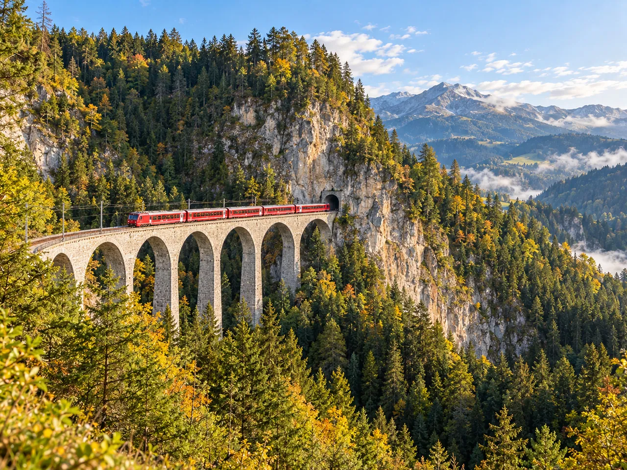 Illustration of Landwasser Viaduct near Filisur from the forested hillside viewpoint