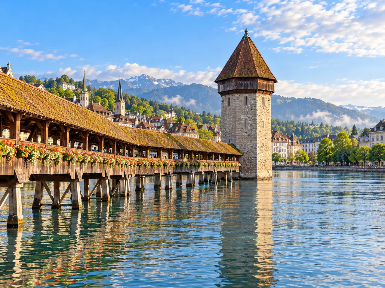 Illustration of Chapel Bridge and Water Tower from the south bank of the Reuss