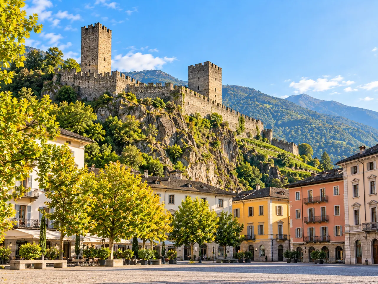 Illustration of Castelgrande above Piazza del Sole in Bellinzona