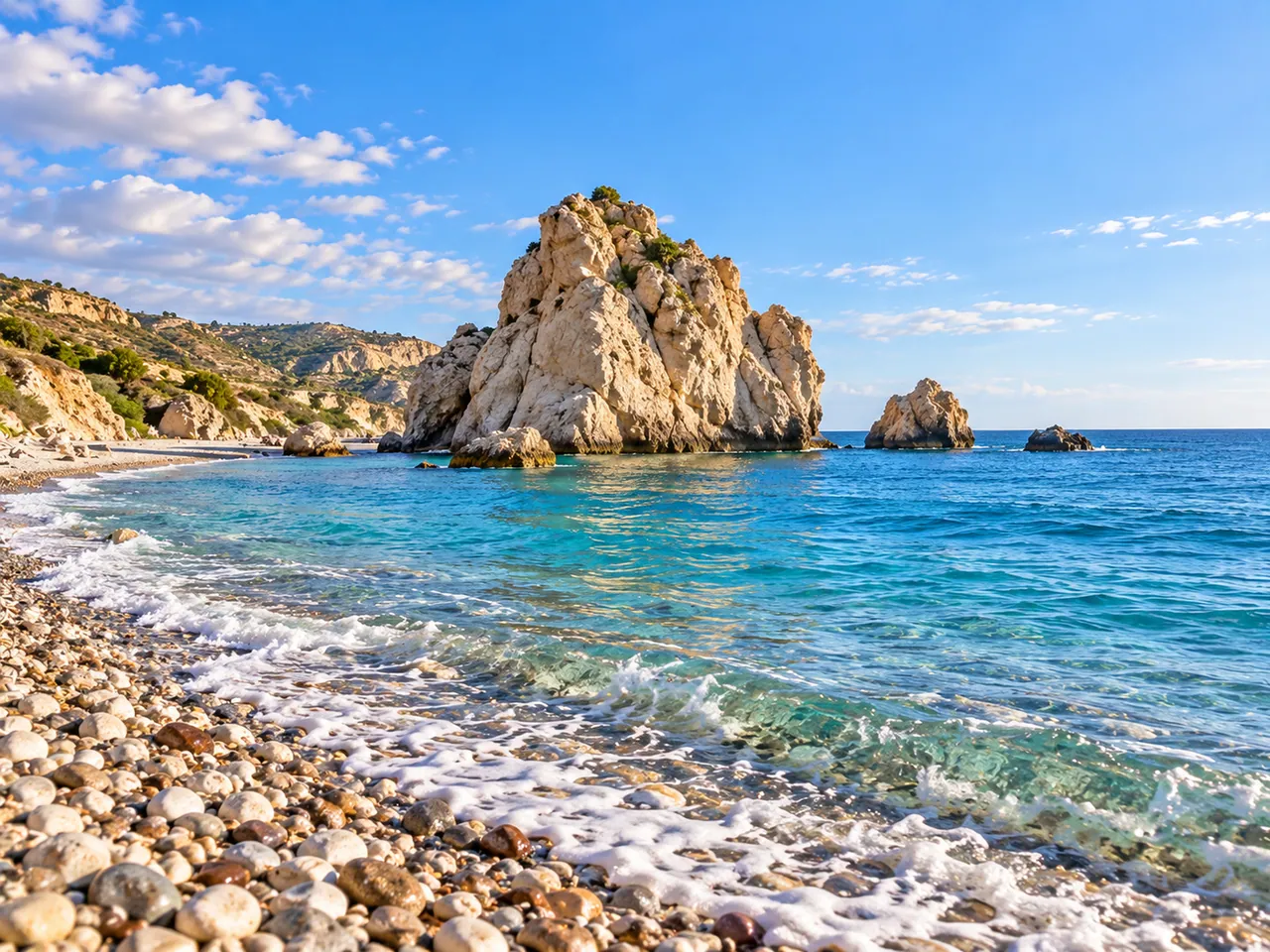 Illustration of Petra tou Romiou from the western pebble beach
