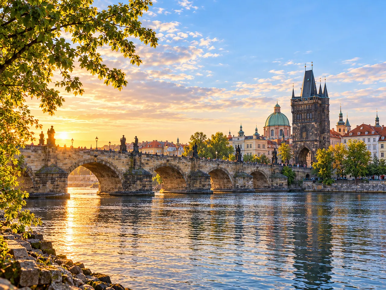 Illustration of Charles Bridge from the Kampa riverbank at dawn