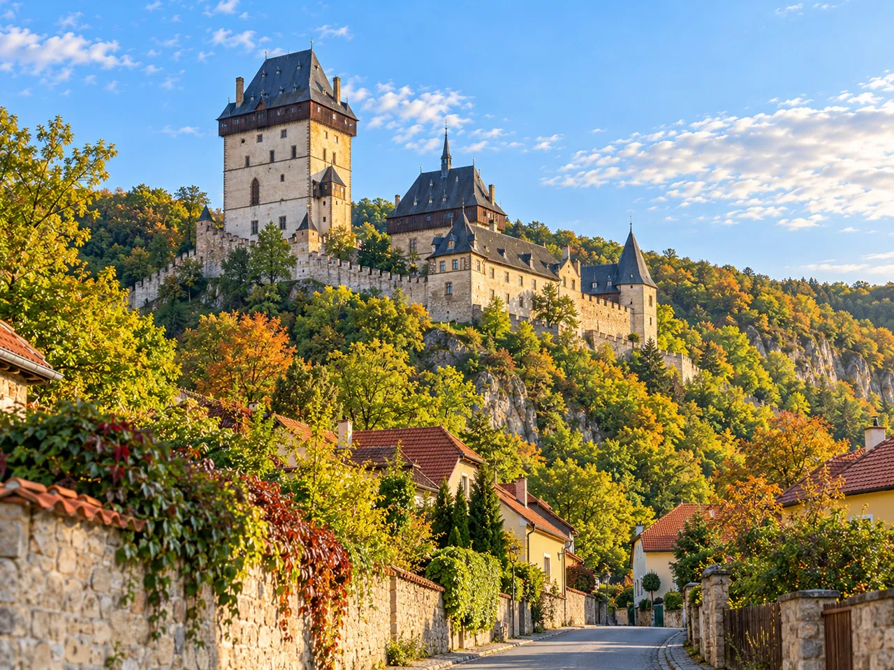 Illustration of Karlštejn Castle from the Budňany village approach