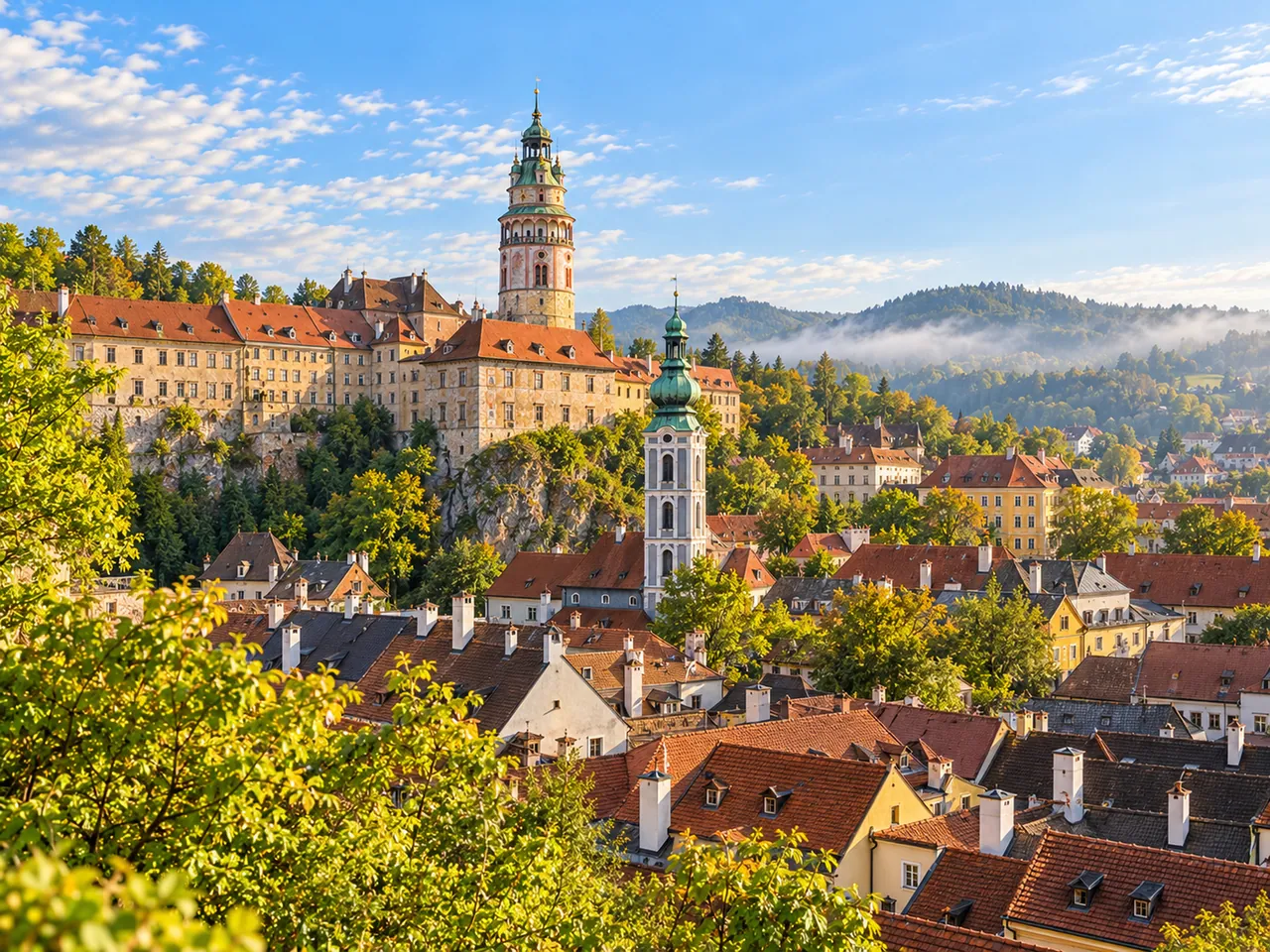 Illustration of Český Krumlov from the Seminární zahrada terrace