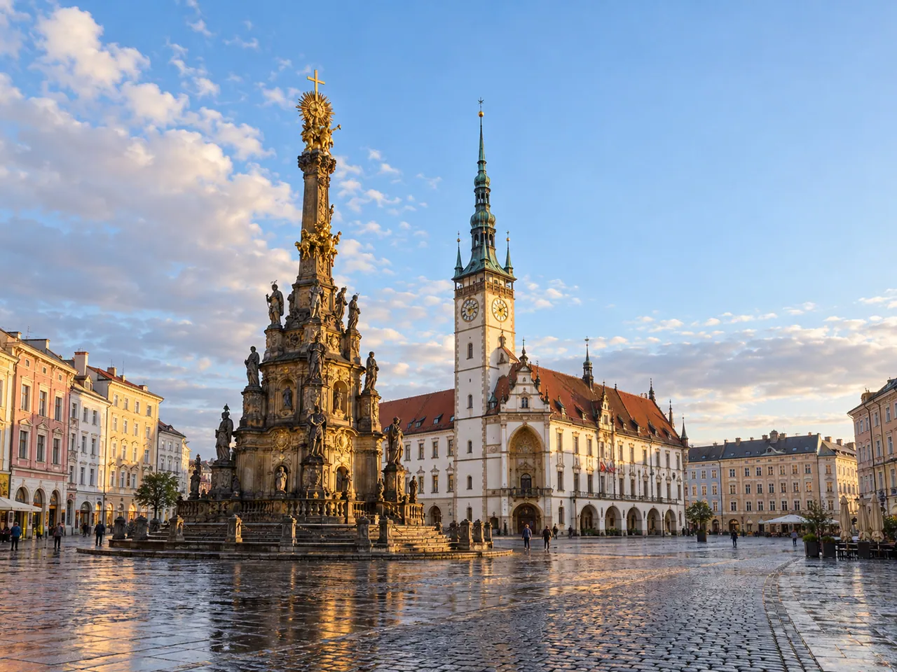 Illustration of Horní náměstí after rain with Holy Trinity Column and Town Hall