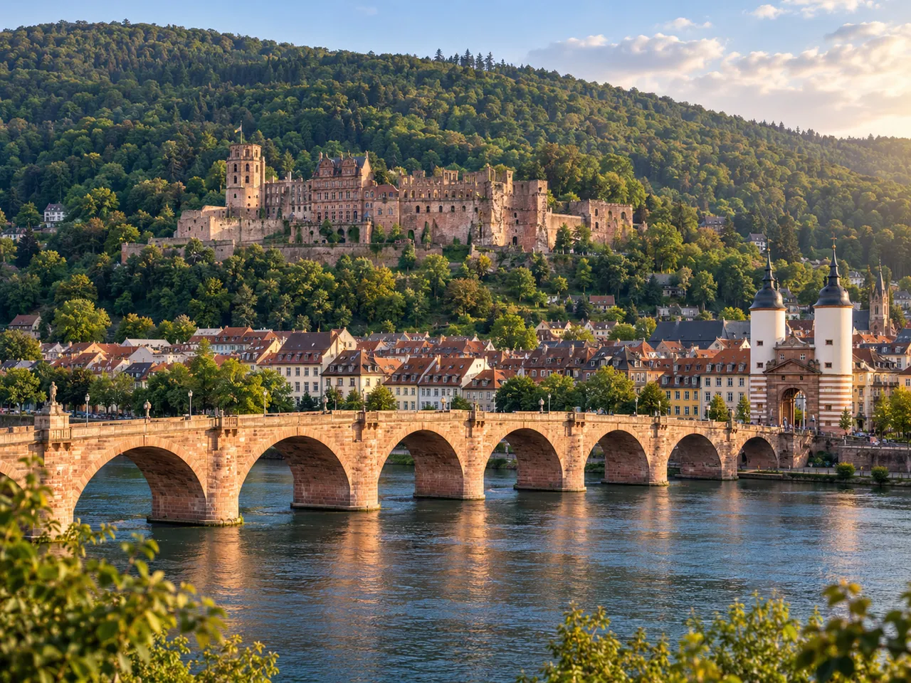 Illustration of Heidelberg Old Bridge, Old Town and castle from the north bank