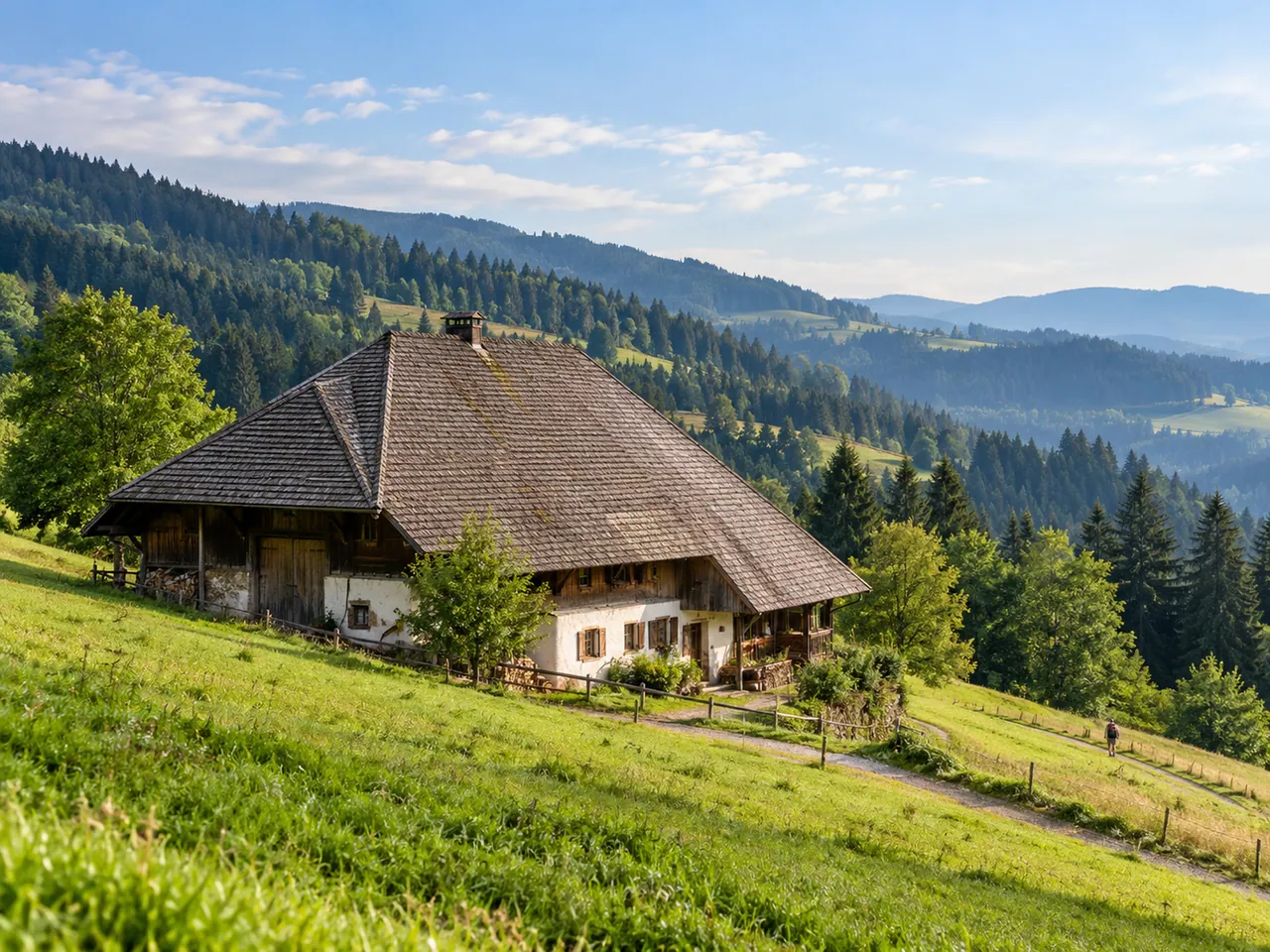 Illustration of Traditional Black Forest farmhouse in a meadow near Schauinsland