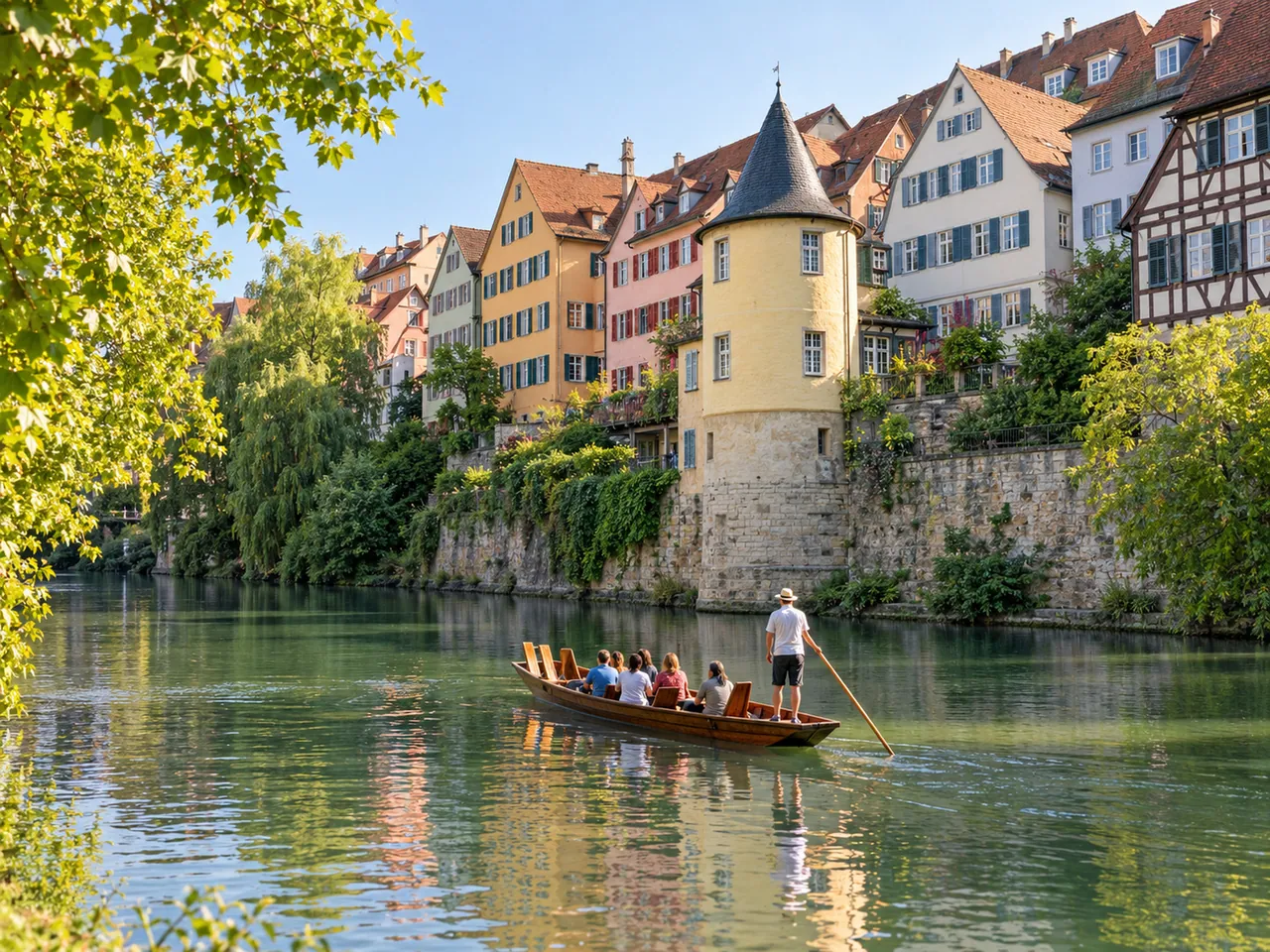 Illustration of Tübingen Neckarfront with a traditional Stocherkahn