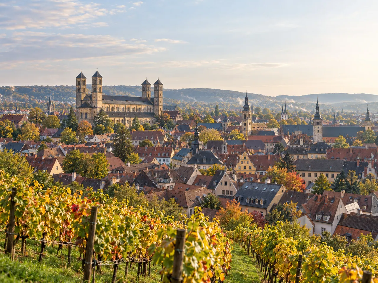Illustration of Michaelsberg vineyard overlook across Bamberg's UNESCO old town