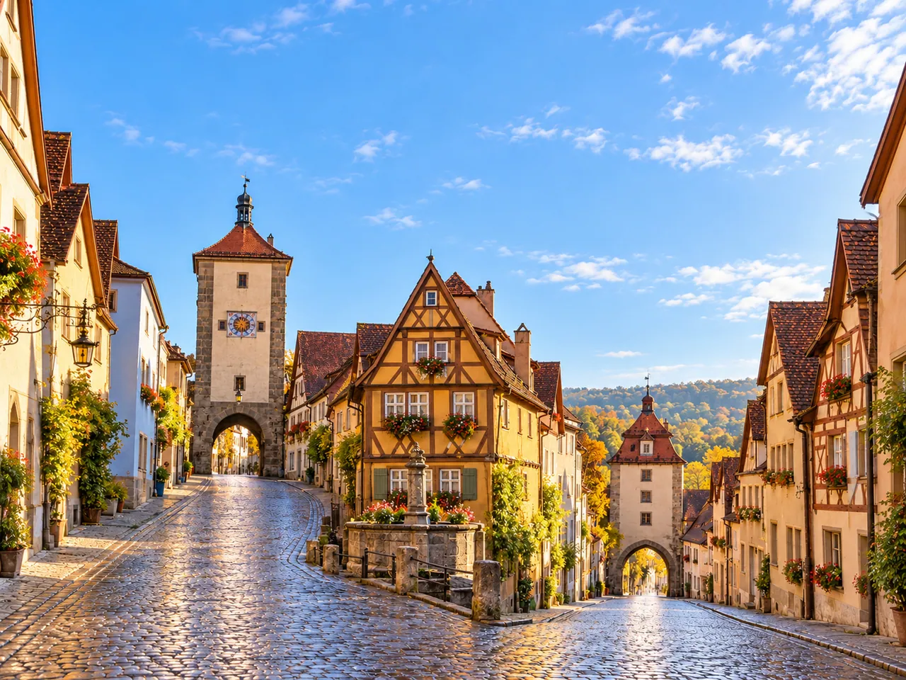 Illustration of Middle Franconian medieval old-town streetscape in Rothenburg