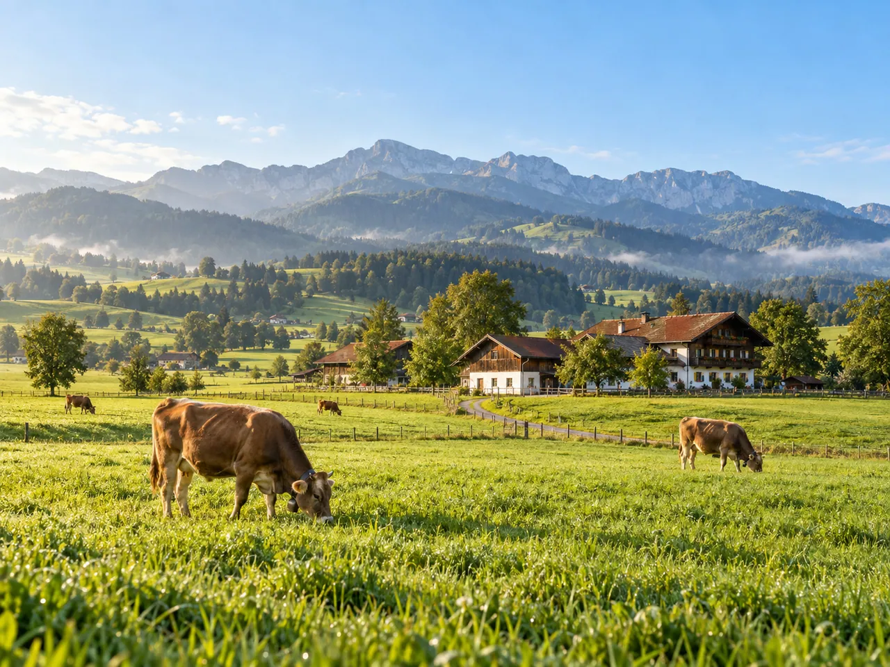 Illustration of Allgäu dairy pastures and Alpine foothills near Füssen