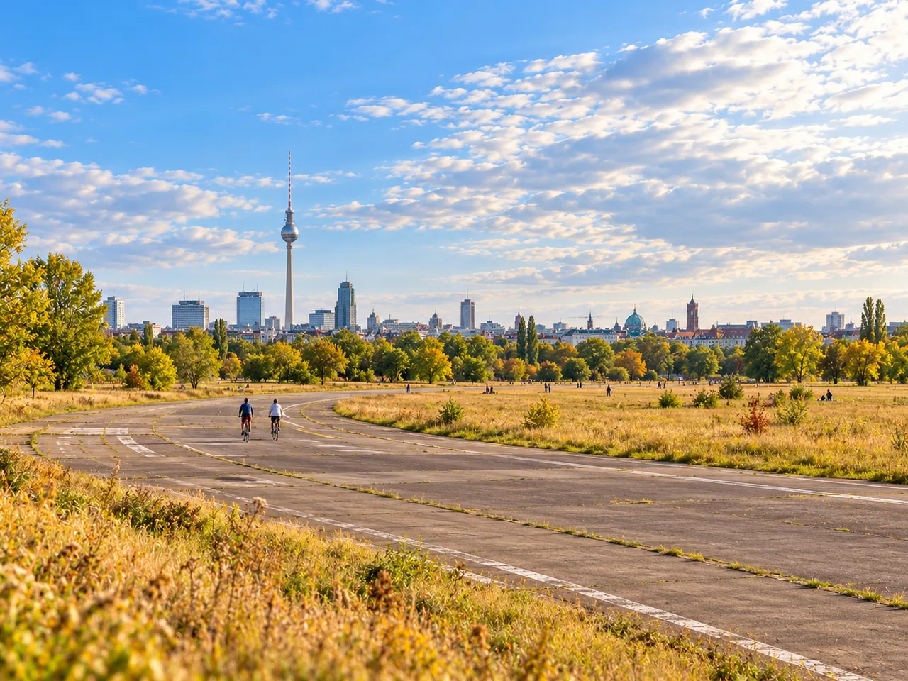 Illustration of Tempelhofer Feld runway and meadow toward the Berlin skyline