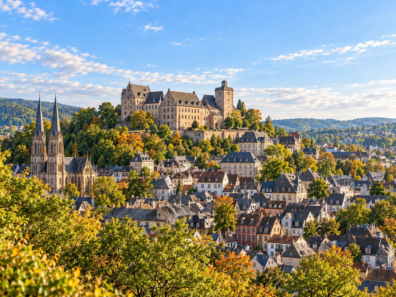 Illustration of Marburg Oberstadt from the southeast hillside overlook