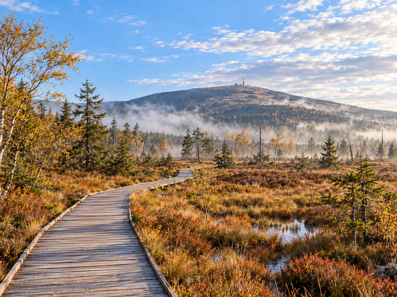Illustration of Goetheweg boardwalk across Torfhausmoor toward the Brocken