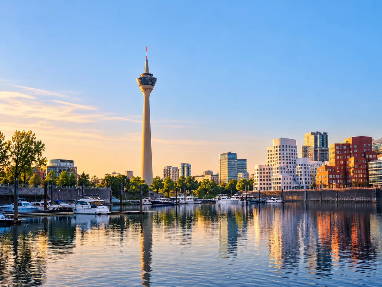 Illustration of Rheinturm and MedienHafen across the yacht basin