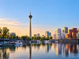 Illustration of Rheinturm and MedienHafen across the yacht basin