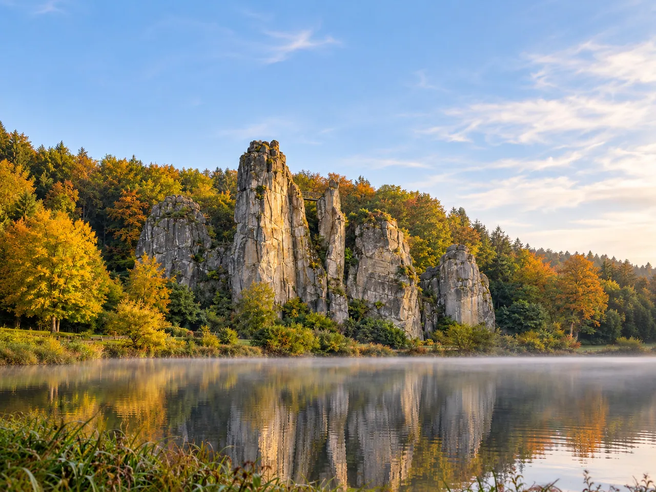 Illustration of Externsteine across the Wiembecke pond