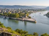 Illustration of Deutsches Eck at the Rhine–Moselle confluence from Ehrenbreitstein