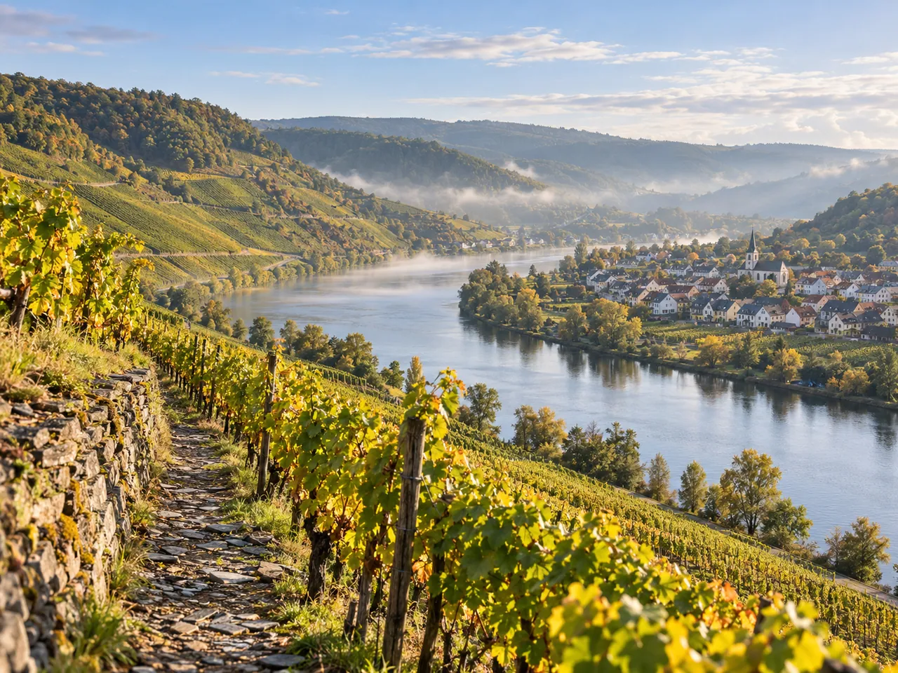 Illustration of Steep Moselle vineyards above a river village