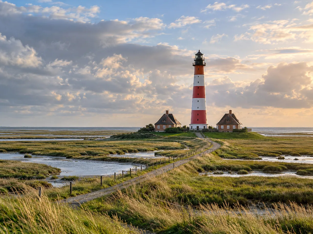 Illustration of Westerheversand lighthouse across the salt marsh