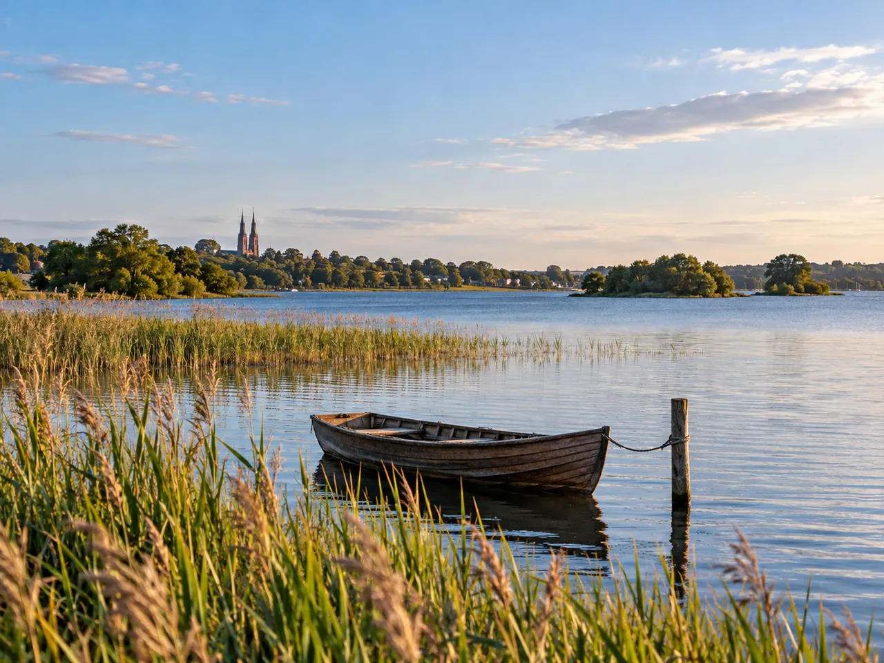 Illustration of Roskilde Fjord viewed toward distant cathedral spires