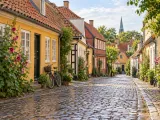 Illustration of Historic Odense quarter after light summer rain