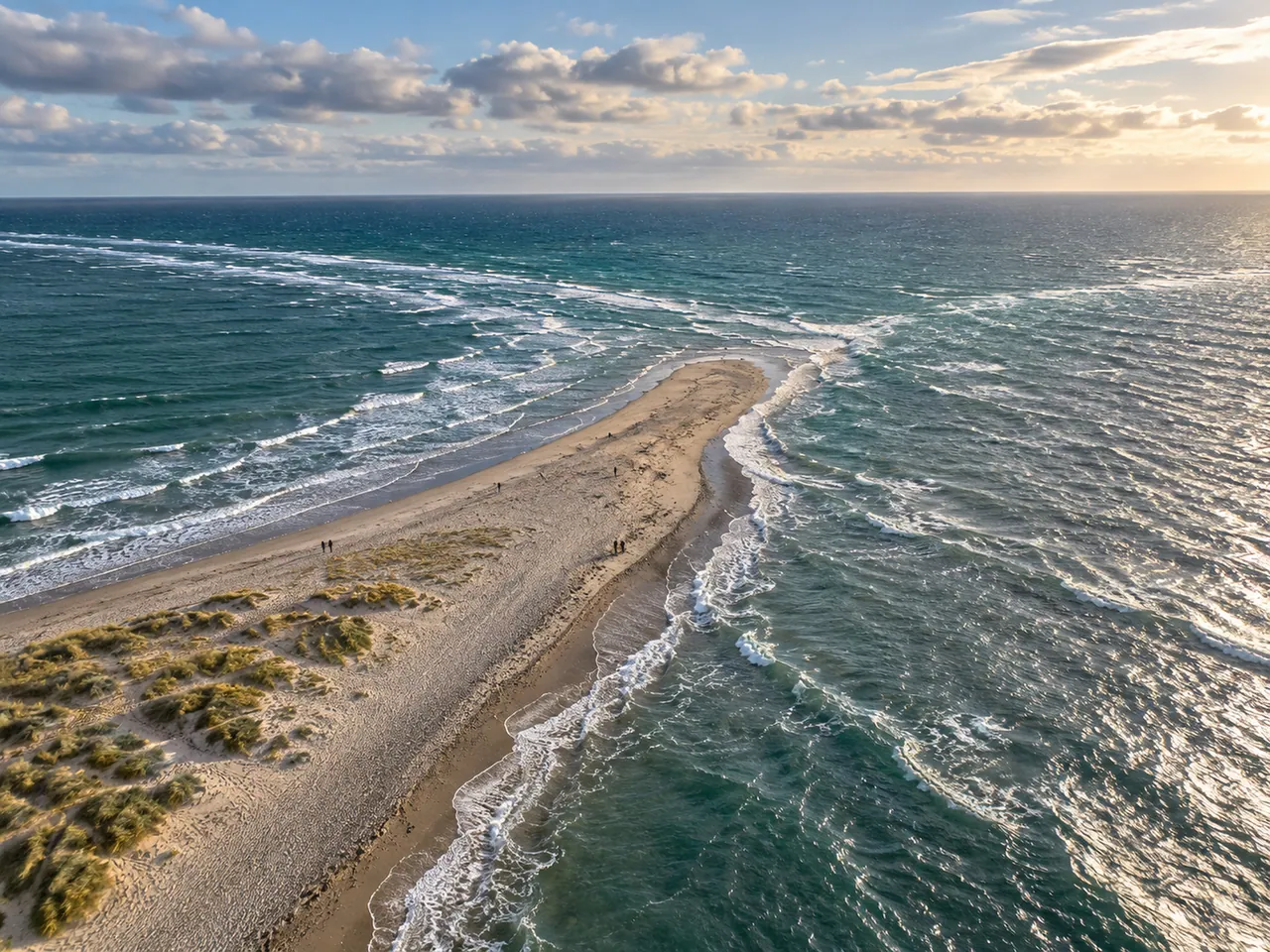 Illustration of Grenen sand spit at Skagen where opposing wave trains meet